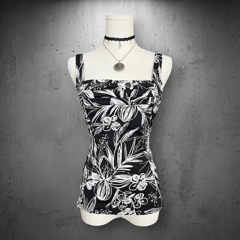 Caribbean Joe Floral Ruched Underwire Tankini Swim Top 8 M Black White Tropical